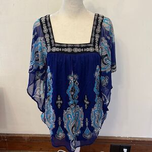 INC International Concepts royal blue black patterned bat wing top Sz S EUC